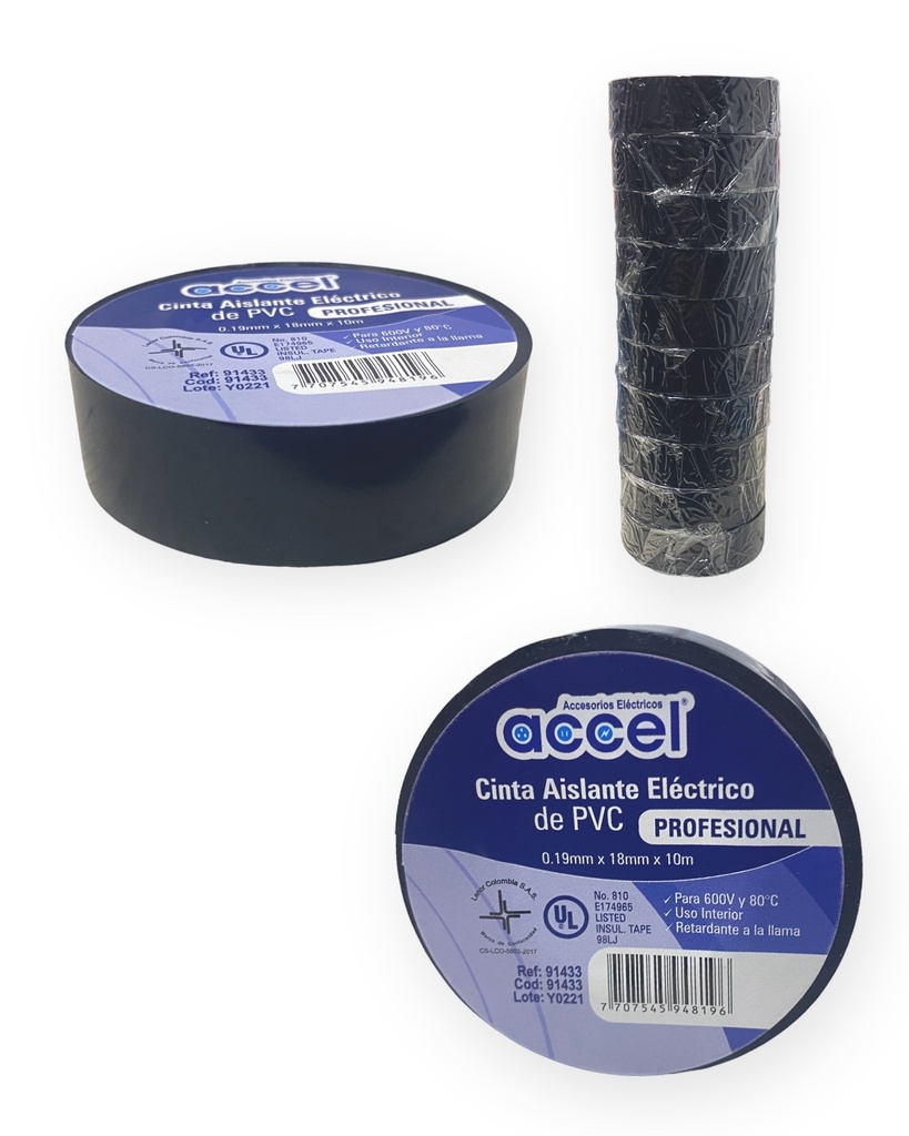 Cinta Aislante Electrica Accel negra 10mt